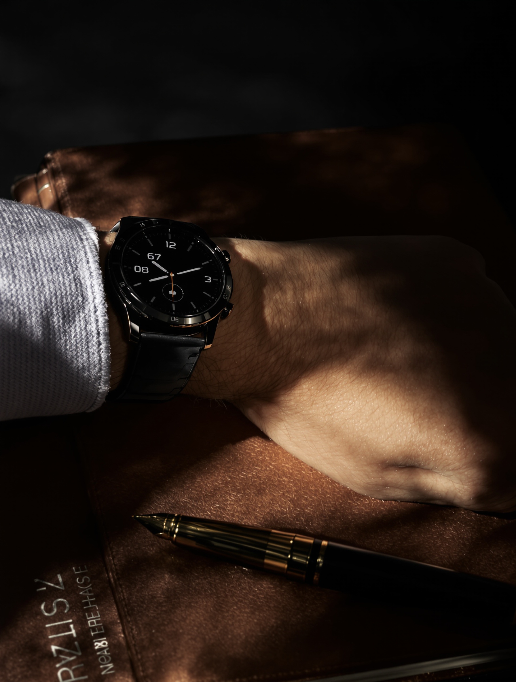 Montre connectée de luxe sur carnet en cuir, stylo plume – choix raffiné.