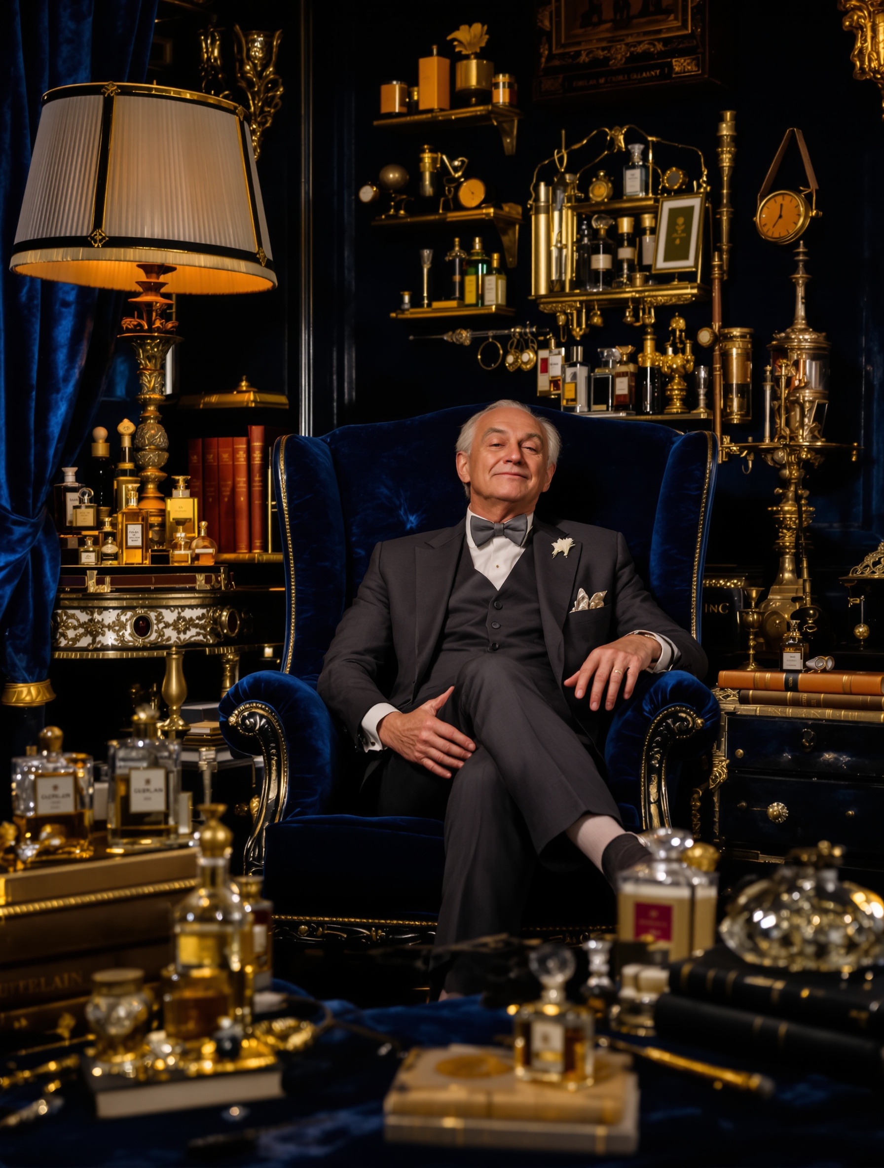 Collectionneur Guerlain avec miniatures et accessoires dorés dans un décor exclusif bleu nuit et or.