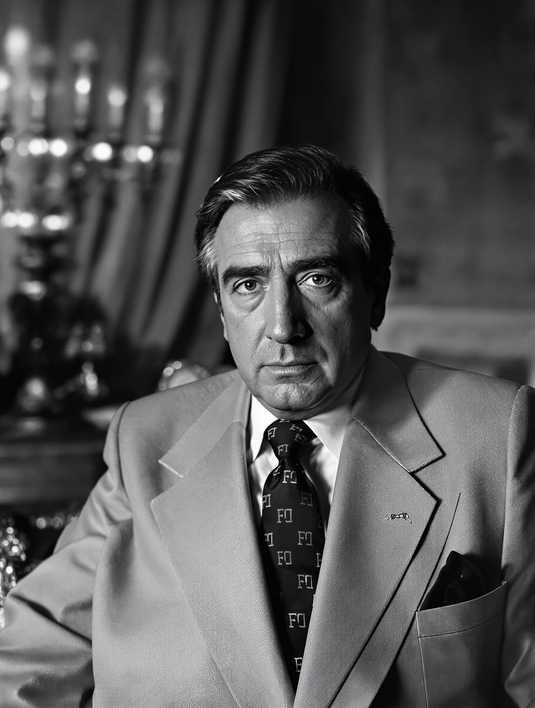 Portrait de Maurizio Gucci héritier en costume dans un décor florentin années 70