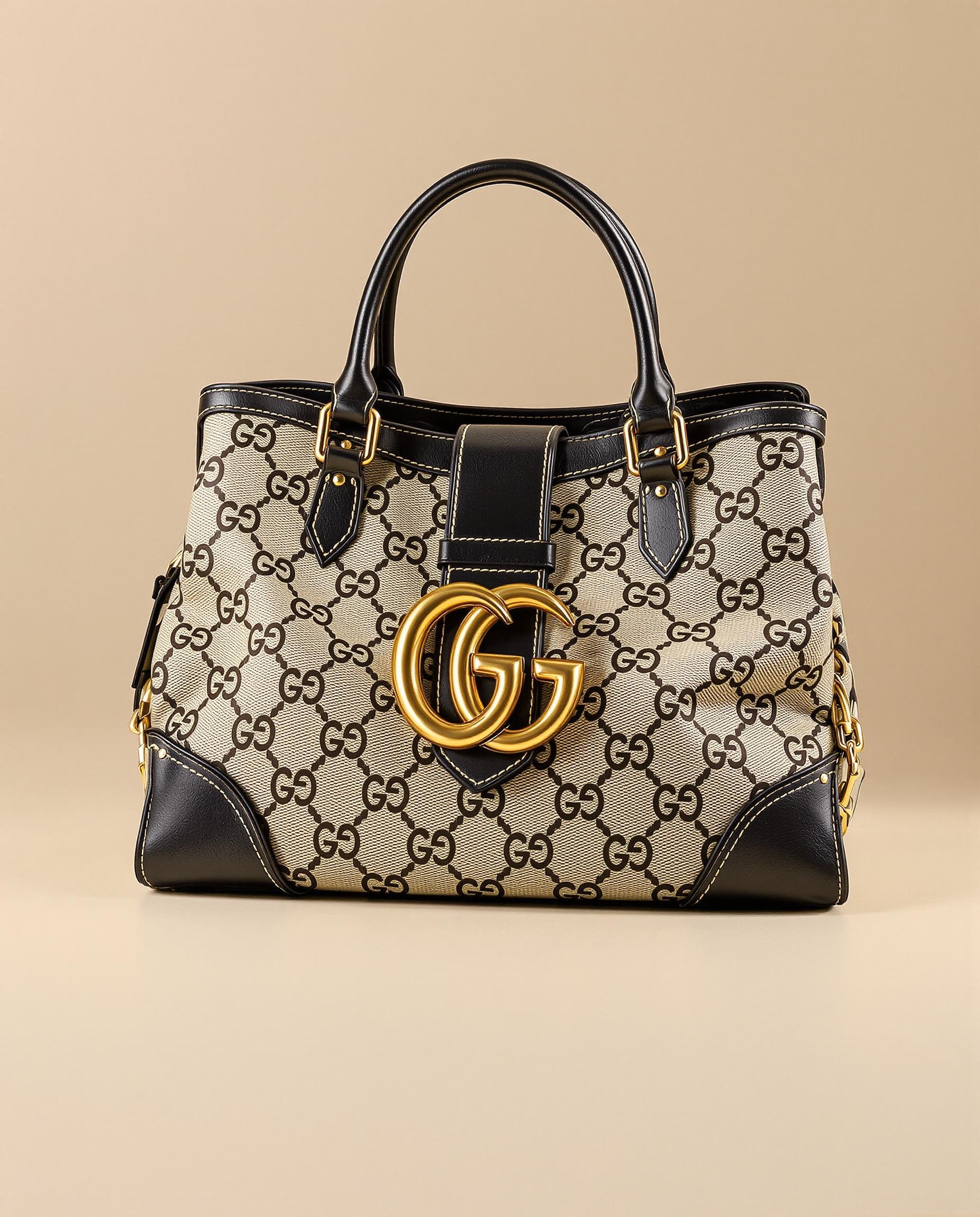 Sac Hacker Project Gucci x Balenciaga avec monogramme GG beige, cuir noir et fermoir doré.