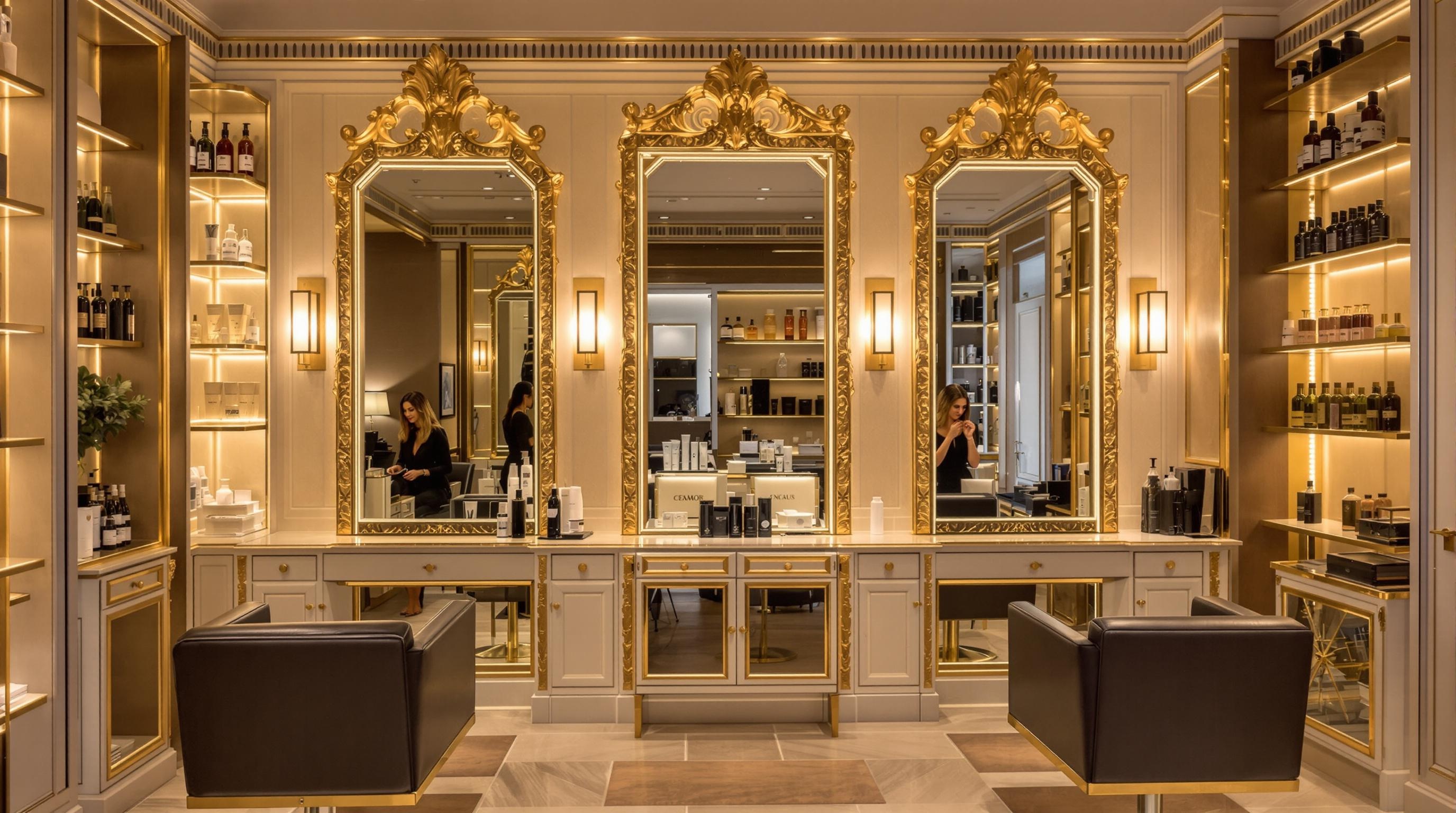 Salon de coiffure de luxe parisien avec une ambiance feutrée et une décoration minimaliste élégante.