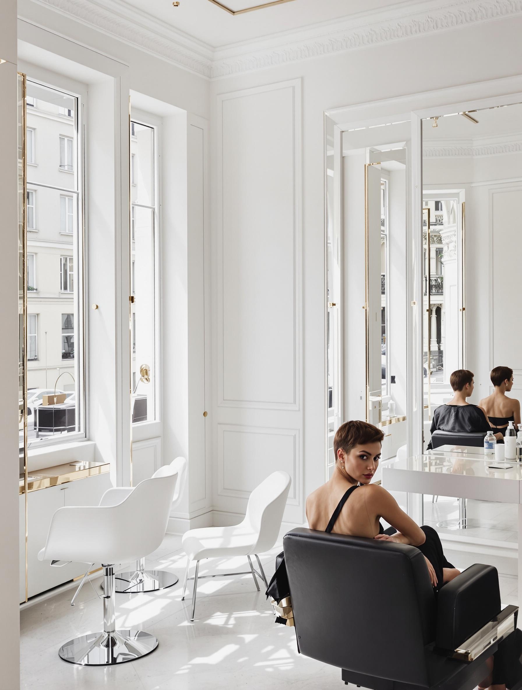 Ambiance lumineuse et épurée du salon David Mallett à Paris, mettant en avant une coupe impeccable.