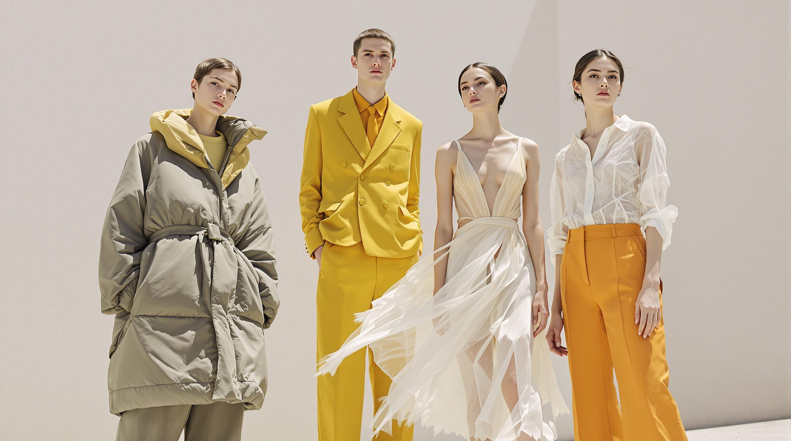 Silhouette mode Printemps/Été 2025 : parka oversize revisitée, tailleur asymétrique, robe fluide transparente, pantalon flare taille basse.