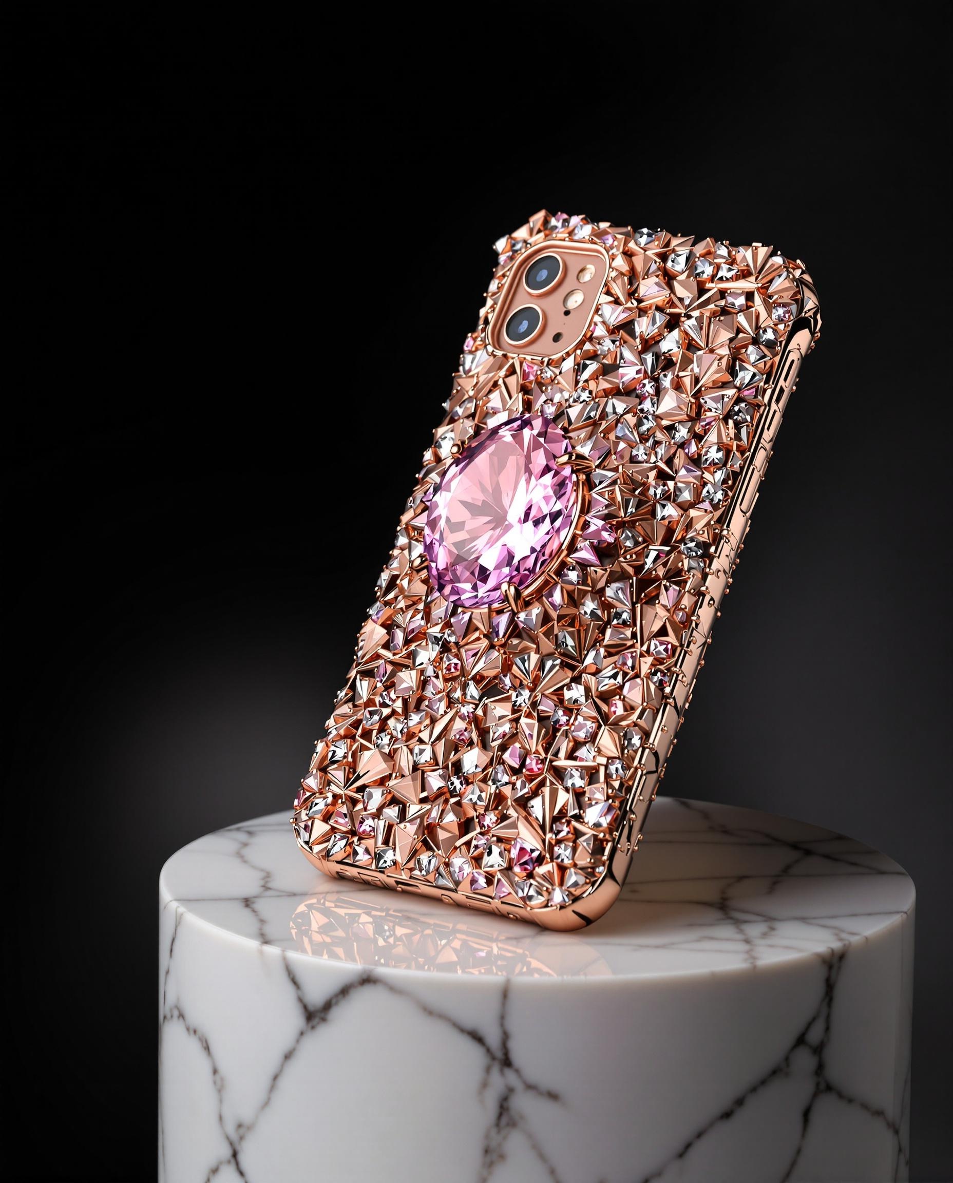 Smartphone de luxe en or rose avec diamant rose