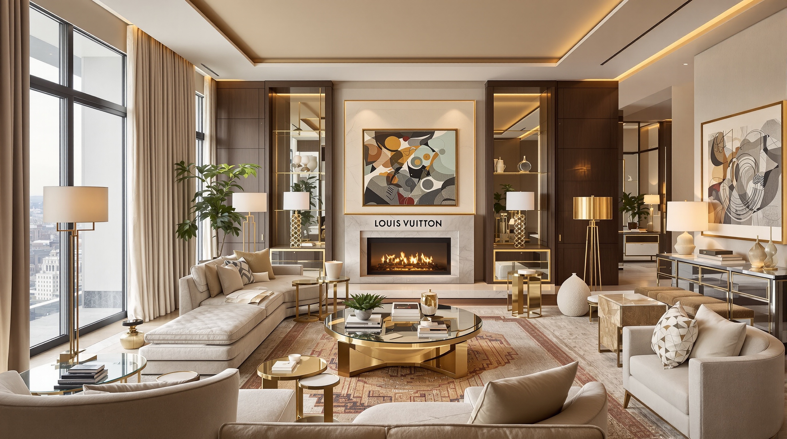 Intérieur d'une suite d'hôtel de luxe, alliant design contemporain et références artisanales, à l'image de l'élégance attendue pour l'hôtel Louis Vuitton.