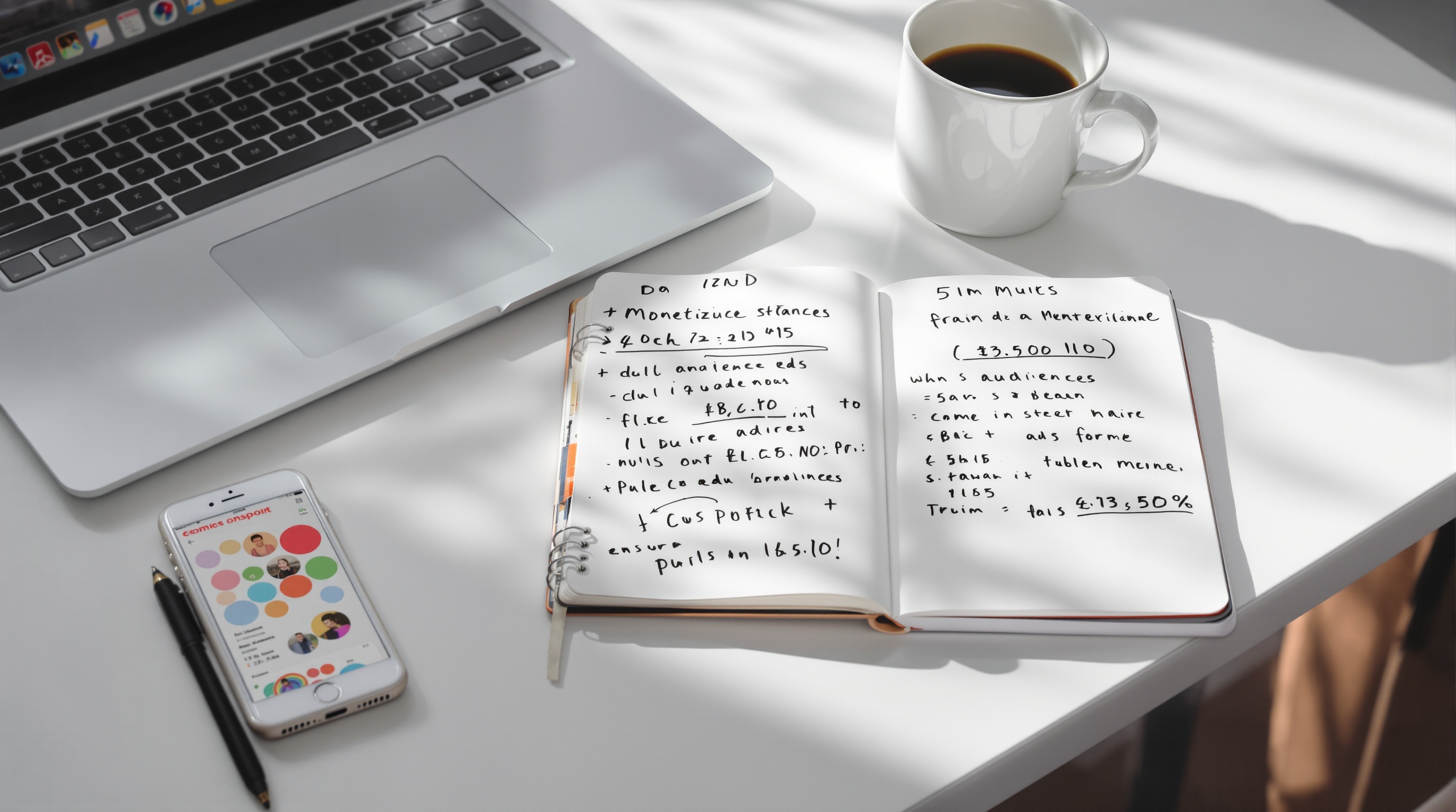 Table de travail d'un influenceur avec ordinateur, smartphone et carnet pour les stratégies de monétisation