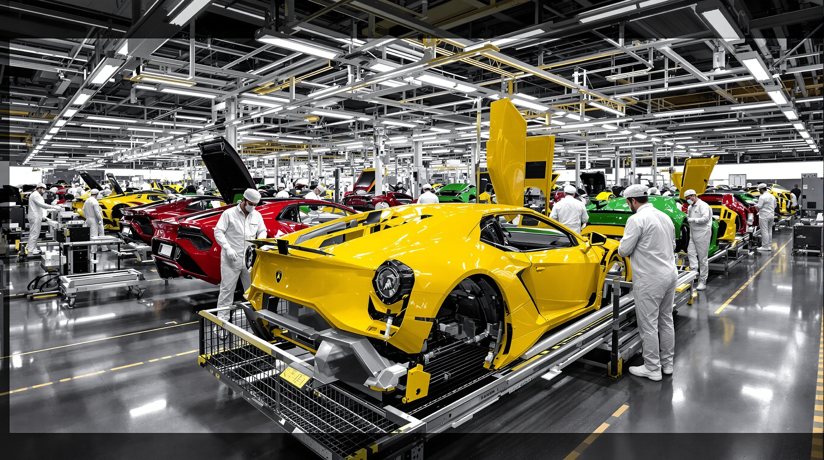 Intérieur de l'usine Lamborghini à Sant'Agata Bolognese, alliance entre artisanat italien et rigueur industrielle.