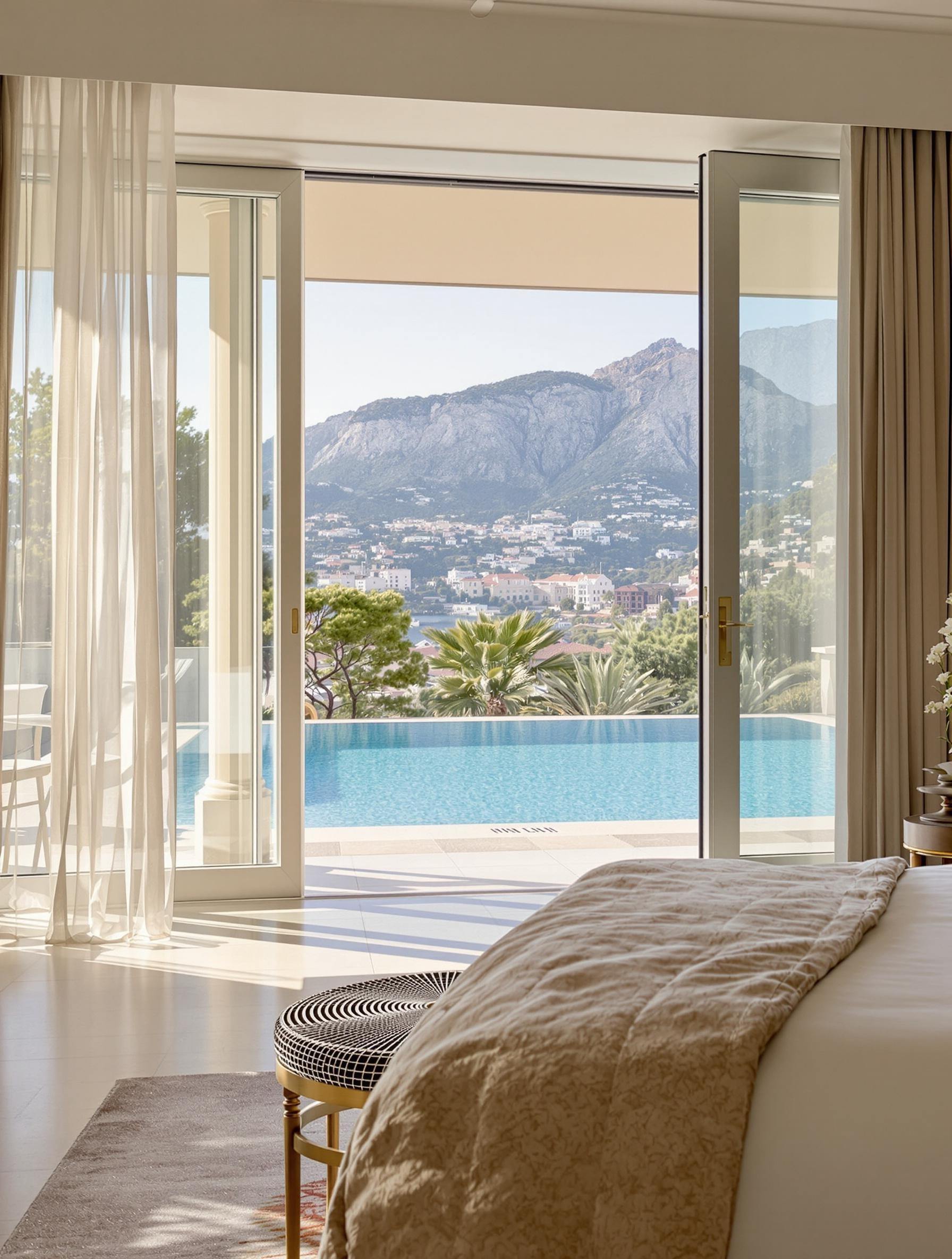 Piscine élégante ou chambre raffinée à La Villa Calvi, atmosphère sereine avec vue Monte Grosso.
