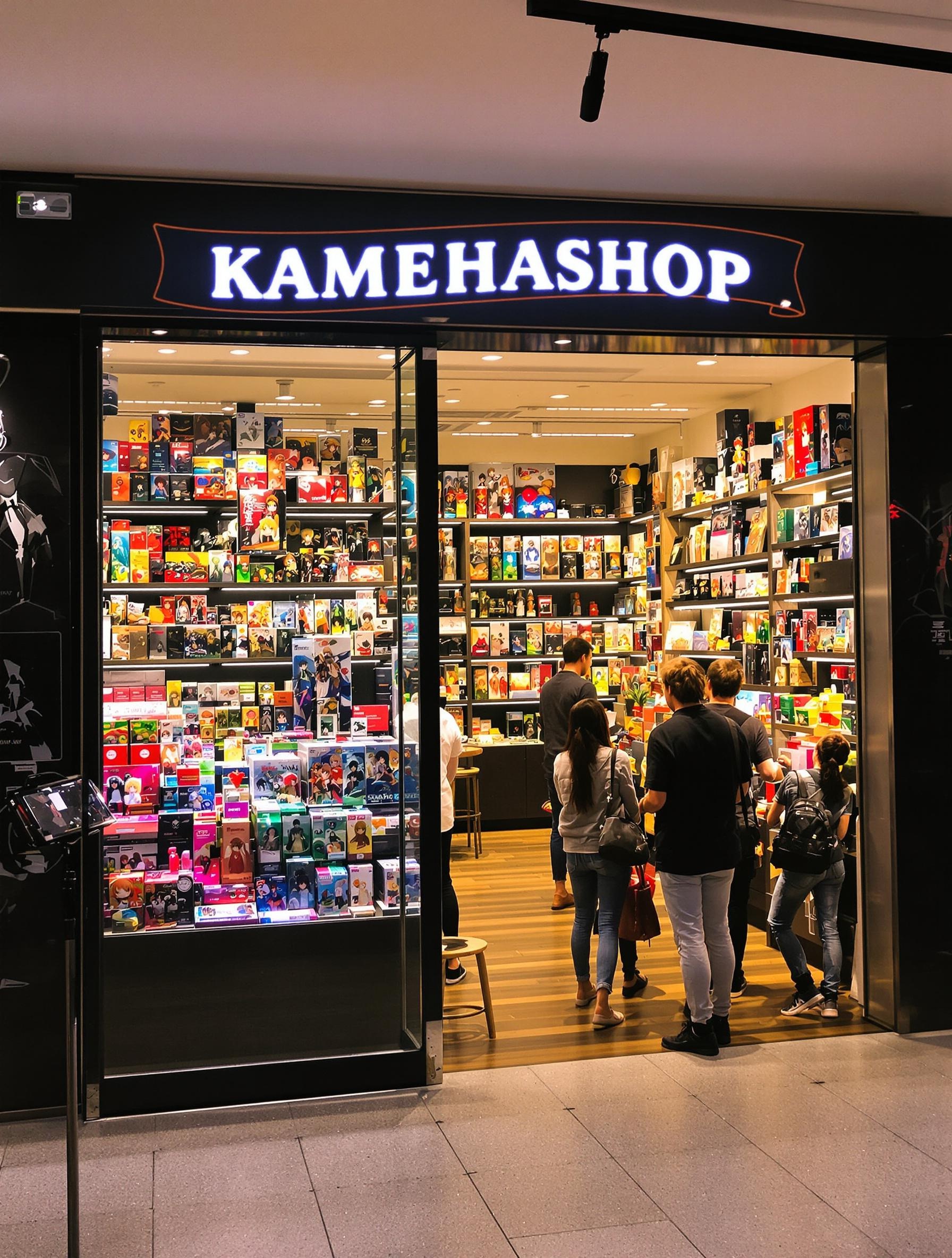 Intérieur de Kamehashop à Saint-Étienne avec vitrines remplies de figurines manga soigneusement agencées.
