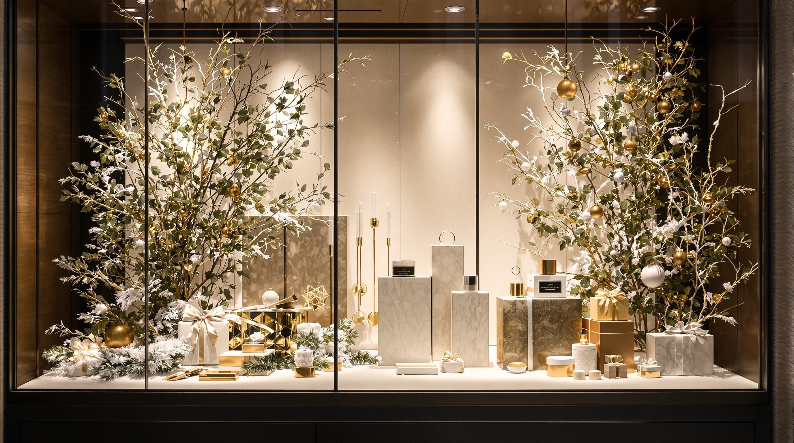 Vitrine de Noël professionnelle sobre et élégante racontant une histoire.