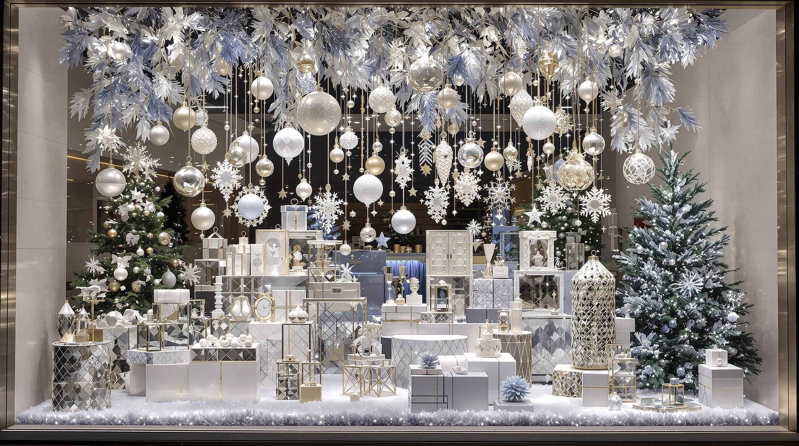 Vitrine de Noël thématique harmonieuse, palette bleu-blanc-argent, éléments naturels et jeux de volumes.