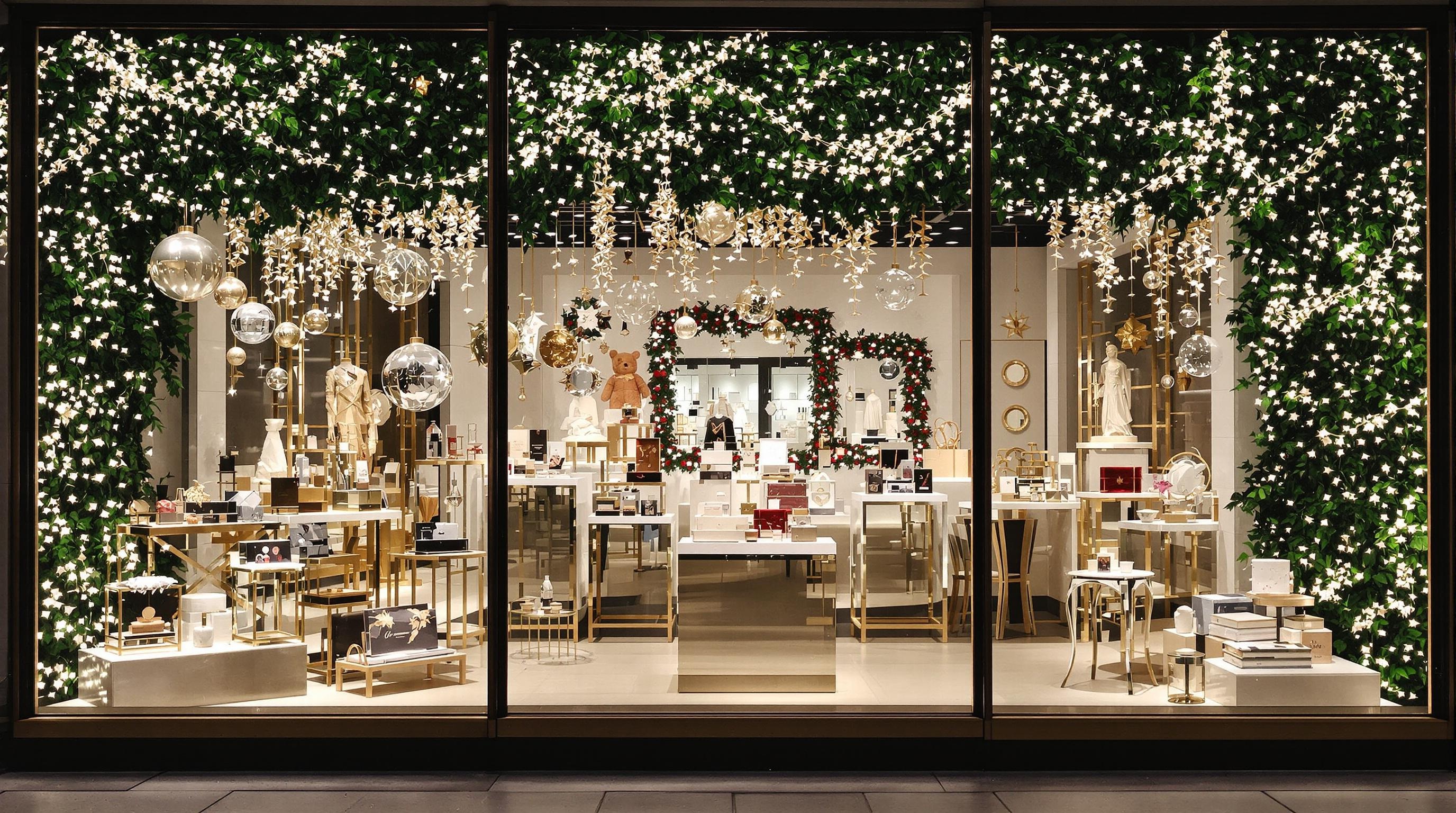 Vitrine de Noël professionnelle structurée avec fil conducteur visuel.