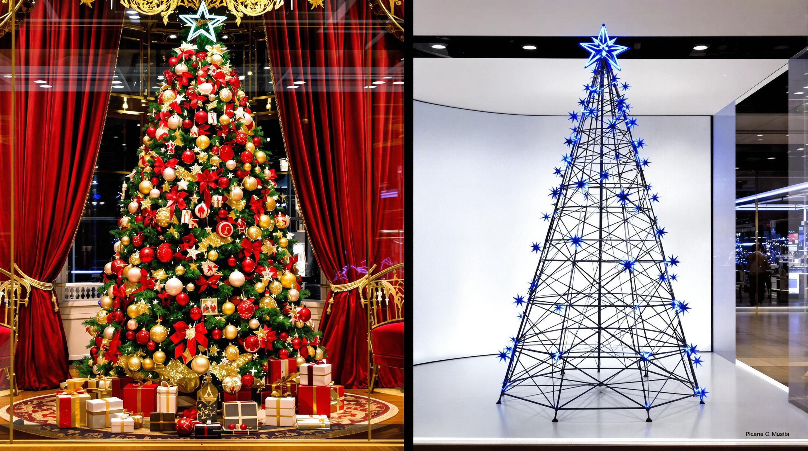 Deux vitrines de Noël professionnelles : à gauche, un sapin traditionnel opulent décoré de rouge et or ; à droite, un sapin contemporain en structure métallique épurée rétroéclairée par des LED bleues.