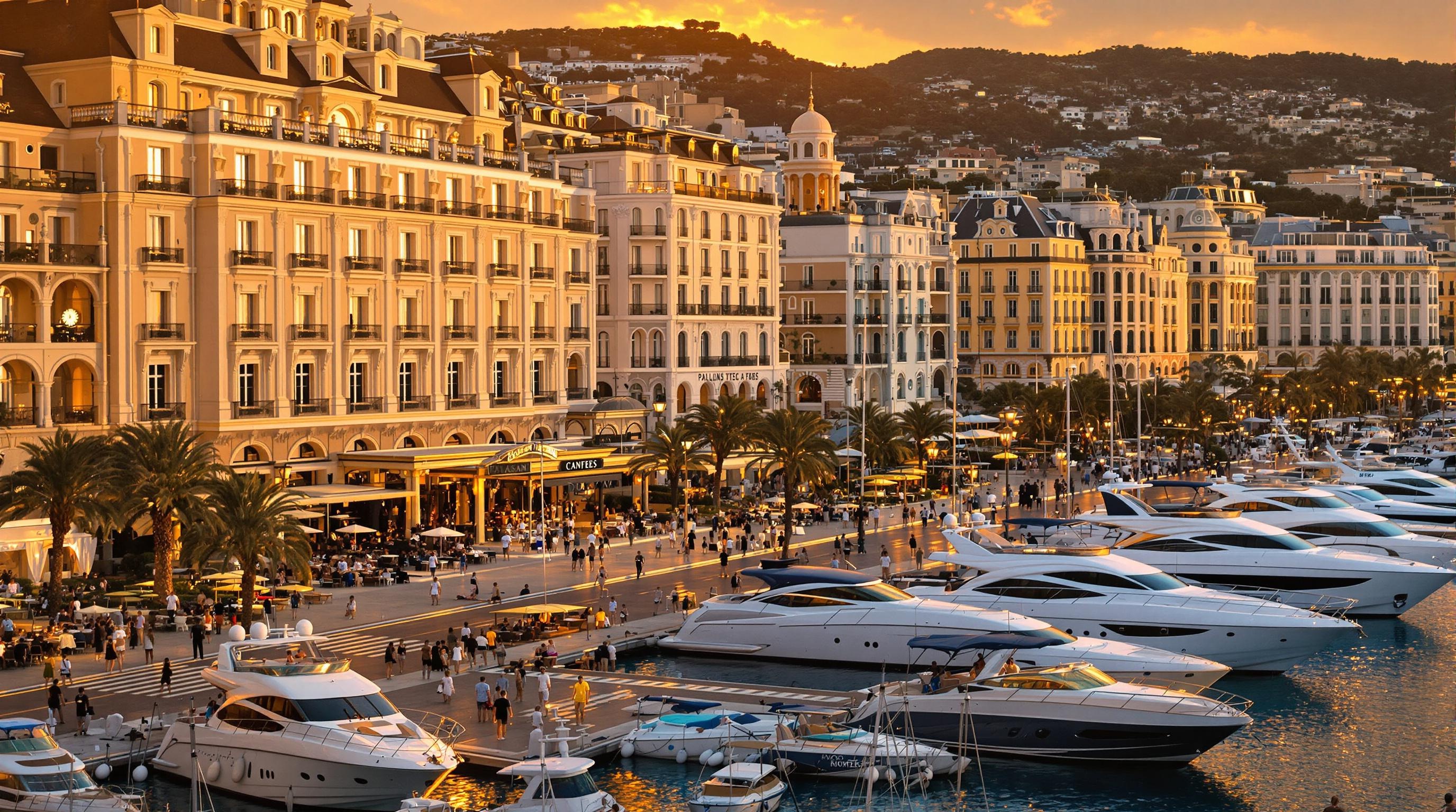 Vue sophistiquée de la Croisette à Cannes, avec palaces, yachts et terrasses dorées.